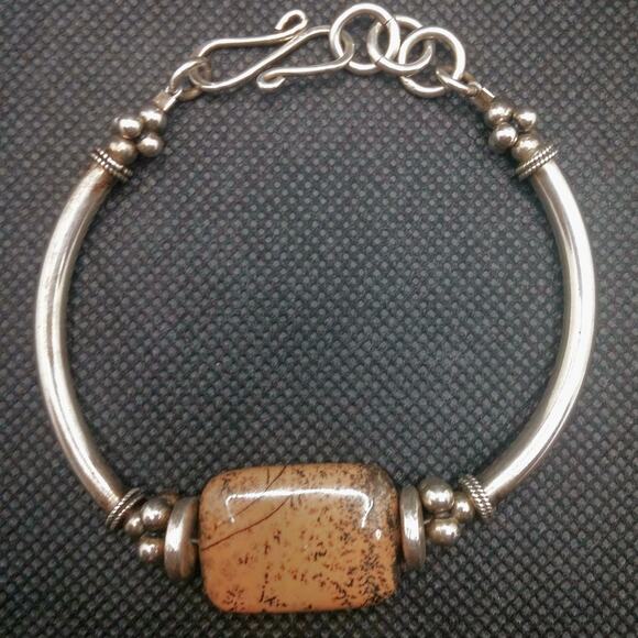 Jasper Gemstone Bracelet Artisan 18 x 20mm Square Stone Bead Silver Metal Unisex - Picture 12 of 13